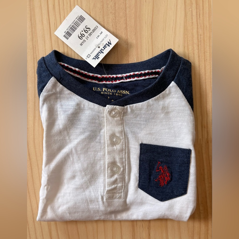 U.S. Polo Assn. White and Navy Short Sleeve Henley Tee with Pocket